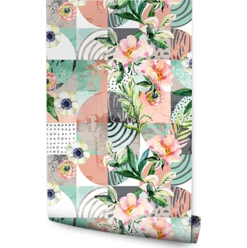 Fototapeta Tapeta s květinami, listy a mozaikovým vzorem - přírodní motiv do obývacího pokoje