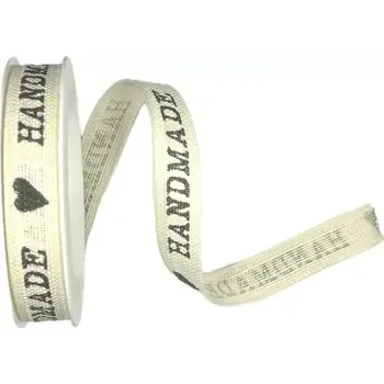 Stuha Stuha bavlněná HANDMADE s potiskem 15mm x 2m (10,-Kč/m) (Dekorační bavlněná stuha, barva smetanová, jednostranný černý potisk HANDMADE)