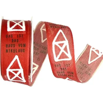 Stuha Vánoční stuha Tady bydlí Mikuláš 25mm x 2m ( 4,- Kč/m) (Vánoční stuha červená, jednostranný potisk, s drátkem)
