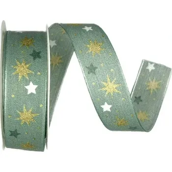 Stuha Vánoční stuha CHRISTMAS SWING GREEN pastelově zelená 25mm x 2m (11,-Kč/m) (Vánoční stuha bavlněná, pastelově zelená, s potiskem a vlascem v lemu)