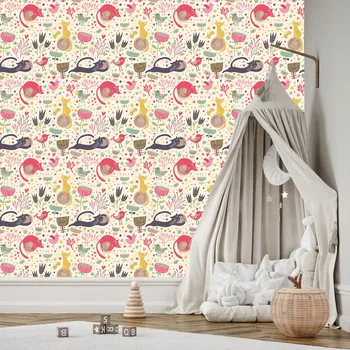 Fototapeta Tapeta pro děti - Barevné kočky, ptáci a rostliny