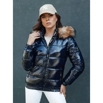 Tmavě modrá dámská lesklá bunda s kožíškem MELANI TY4487 Velikost: L