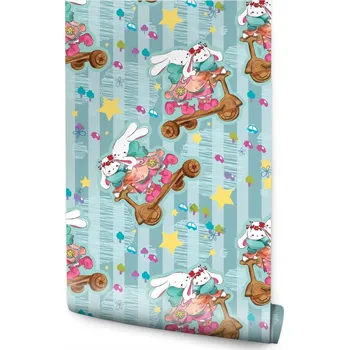 Fototapeta Dětská tapeta Zajíčci Koloběžky Hvězdy Proužky