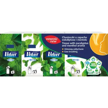 Papírový kapesník VELVET vlhčené ubrousky 4vrstvé Eukalyptus a Mentol 10x10 ks