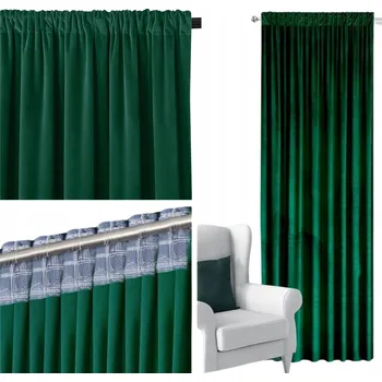 VELUROVÉ ZATEMŇOVACÍ ZÁVĚSY SAMET S PÁSKOU ŽABKY 140X250, LAHVOVĚ ZELENÁ ZELEŇ