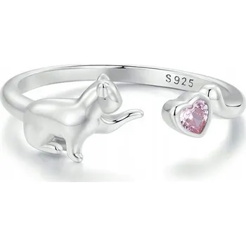 Prsten Fraise Stříbrný prstýnek S925 KOČKA se srdíčkem a růžovou zirkonií