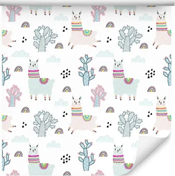 Tapeta Tapeta na zeď pro holčičku - lamy, mráčky, duha