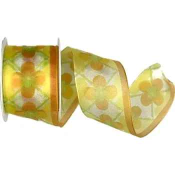 Stuha Stuha organzová ORGANDY FLOWERS 40mm x 2m (12,50 Kč/m) (Stuha organzová, žlutá, oboustranná, s vetkaným vlascem v obou okrajích)