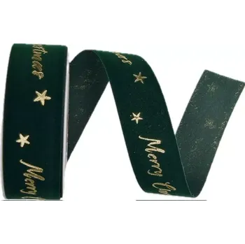 Stuha Stuha vánoční sametová VELUTTO MERRY CHRISTMAS GREEN zelená 25mm x 3m (10,-Kč/m) (Vánoční stuha sametová, tmavě zelená, zlatý potisk)