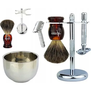 Břitva na holení Štětka na holení jezevčí srst, Stojan, Holicí strojek na žiletky, Kovová miska