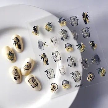 ZLATÉ Samolepky na nehty Samolepící konvexní vzory KVĚTINY BAMBUS