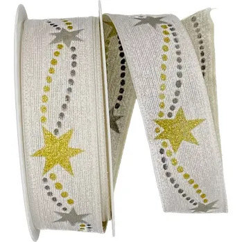 Stuha Stuha vánoční GALAXIE WHITE bílá 25mm x 3m (9,-Kč/m) (Vánoční stuha bavlněná, bílá, se zlatým potiskem a drátkem v lemu)