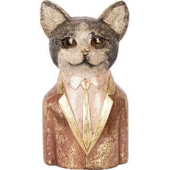 Dekorace busta kočka v saku a kravatě se zlatou patinou - 13*11*23 cm