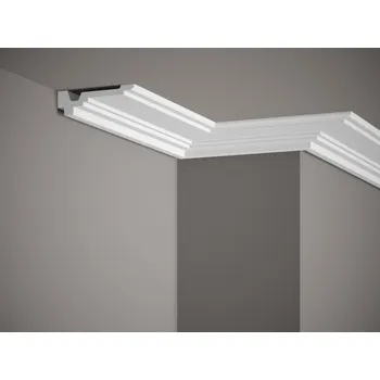 Obklad Mardom Decor VZOREK - Stropní lišta – HLADKÁ, tvrdý plast ProFoam® (Polyuretan), základní bílý nátěr (přetíratelný), 32 x 105 x 100 mm