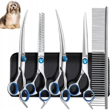 Kosmetika pro psa Nůžky na stříhání psů, hřeben, sada pro psy, ostré, zahnuté + POUZDRO