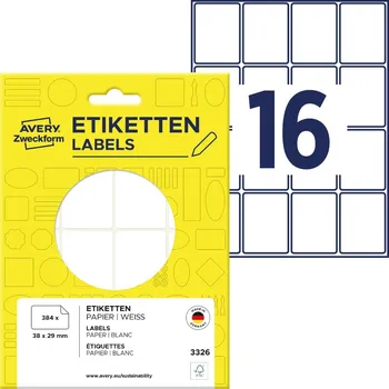 Samolepící etiketa Avery Zweckform 3326 Etikety na ruční popis 38x29 mm, 384 ks, bílé