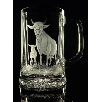 Sklenice půllitr s kravičkou a telátkem - ručně ryté (broušené), dárek pro zemědělce