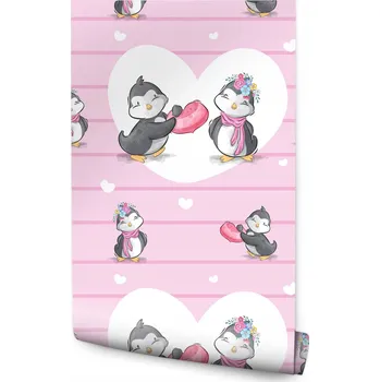 Fototapeta Dětská tapeta TUČŇÁCI Srdíčka Květiny Vzory