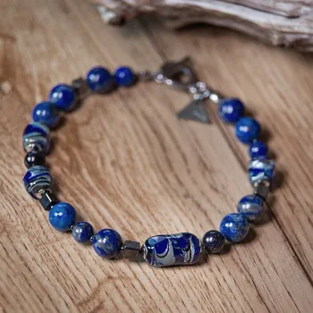 Náramek Lampglas Unisex náramek Neptune’s Legacy s ryzím stříbrem v perlách Lampglas, lapis lazuli a Blue Goldstone délka: L1-22,5cm