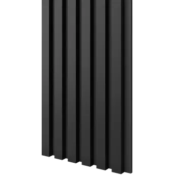 Obklad Lamele 3D Dřevěné lamely ÚZKÉ na ČERNÉ desce (MDF), ČERNÁ MATNÁ, FINISH FOLIE, 24 x 300 x 2750 mm (0,825 m2)
