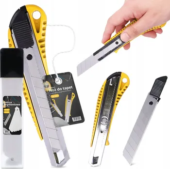 Pracovní nůž Nůž na tapety, kovový, řezač koberců a kartonů + 11x náhradní čepele