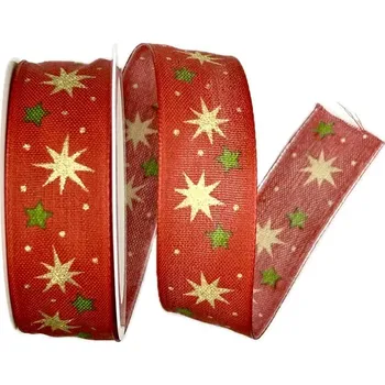 Stuha Vánoční stuha CHRISTMAS SWING RED červená 25mm x 2m (11,-Kč/m) (Vánoční stuha bavlněná, červená, s potiskem a vlascem v lemu)