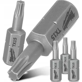 Bit 3x BIT do šroubováku TORX TX15 25 mm Bity MILWAUKEE Magnetický hrot KRÁTKÝ