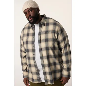 Pánská košile STHUGE, Plus size Flanelová kostkovaná košile STHUGE, dlouhé rukávy, skrytý límeček s knoflíky, Modern střih, do 8XL pro plnoštíhlé nadměrná velikost, 836894310-1455, béžový, 6XL, Plus size oblečení, Oblečení pro vysoké muže, Nadměrné velikosti, Oblečení 