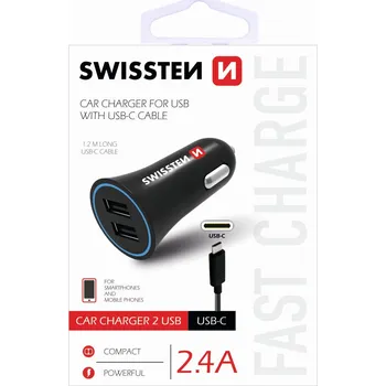 Zástrčka SWISSTEN s 2x USB výstupem 2,4 A, 12/24V s kabelem USB-C, 45349