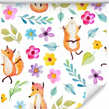 Fototapeta Tapeta pro děti barevné lišky květiny listy