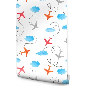 Fototapeta Dětská tapeta LETADLA Malovaná akvarelem Oblaka