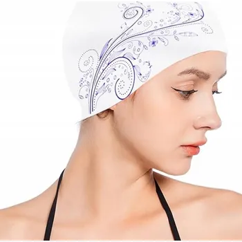 Silikonová koupací čepice s květinami pro ženy na bazén - bílá