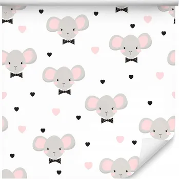 Fototapeta Tapeta pro děti MYSZKY - pastelové myšky, zvířátka a srdíčka