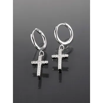 Náušnice Prosperk Kruhové náušnice s přívěsky křížků s drobnými čirými krystaly chirurgická ocel S5112