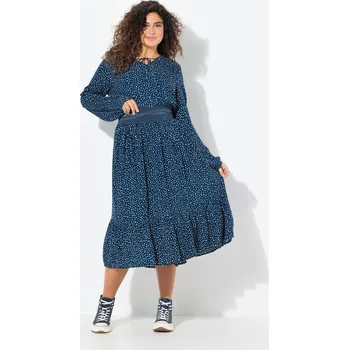 Dámské šaty Ulla Popken, Plus size Midi šaty, putníky, A střih, výstřih do V, dlouhé rukávy pro plnoštíhlé nadměrná velikost, 836110740-1130, modrý, 50/52, Nadměrné velikosti, Plus size oblečení, Oblečení pro boubelky, Oblečení pro baculky, Oblečení pro plnoštíhlé, O