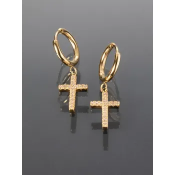 Náušnice Prosperk Kruhové náušnice s přívěsky křížků s čirými krystaly z chirurgické oceli zlatá S4925