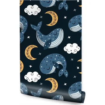 Fototapeta Dětská tapeta VELRYBY Měsíce Oblaka Hvězdy