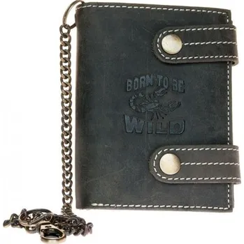 Peněženka Kožená tmavě šedá peněženka Born to be wild se škorpionem, se dvěma upínkami, řetízkem a karabinkou