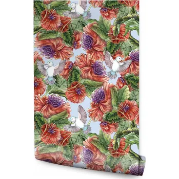 Fototapeta Tapeta Květiny MALOVANÉ Akvarelem Ptáci Příroda Retro