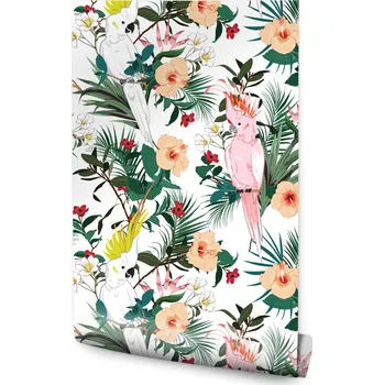 Fototapeta Dekorativní tapeta TROPIKALNÍ Květiny Papoušci do obýváku