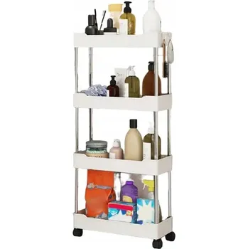 Koupelnový nábytek KOUPELNOVÁ A KUCHYŇSKÁ POLICE MOBILNÍ SKŘÍŇKA REGÁL KOLEČKA 4 ÚROVNĚ BÍLÁ