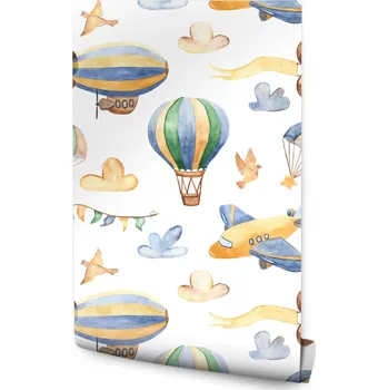 Fototapeta Dětská tapeta BALÓNKY Letadla Mraky Akvarel