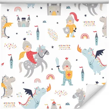 Tapeta Dětská pohádková tapeta, hrad, draci, rytíři