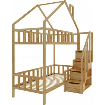 Dětská postel Patrová postel domeček se schůdky vpředu 180x90 100% DŘEVO