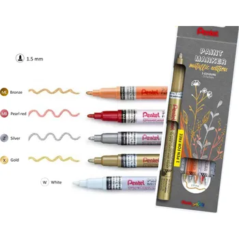 Popisovače lakové Pentel MSP10 sada 4 kovových a metalických odstínů +1 bílý