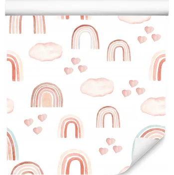 Fototapeta Tapeta pro dívky Růžové obláčky SRDÍČKA Duha Boho styl