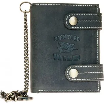 Peněženka Kožená tmavě šedá peněženka Born to be wild se žralokem, se dvěma upínkami a 30 cm kovovým řetízkem
