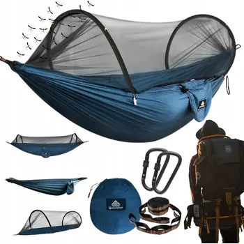 Houpací síť HAMAKA Kempingová se SÍŤKOU PROTI KOMÁRŮM Lehká SKLADNÁ Odolná Do 300KG 140x275