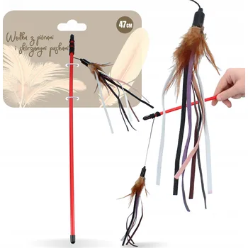 Hračka pro kočku KOČIČÍ UDICE DLOUHÁ Teleskopická Tyč HRAČKA PRO KOČKY 47 cm Pírka Proužky POHYB IM