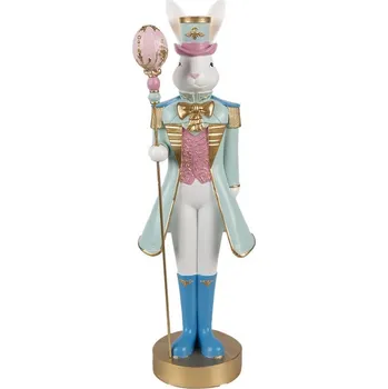 Dekorace bílý králík v modrém obleku držící vajíčko - 10*9*31 cm
